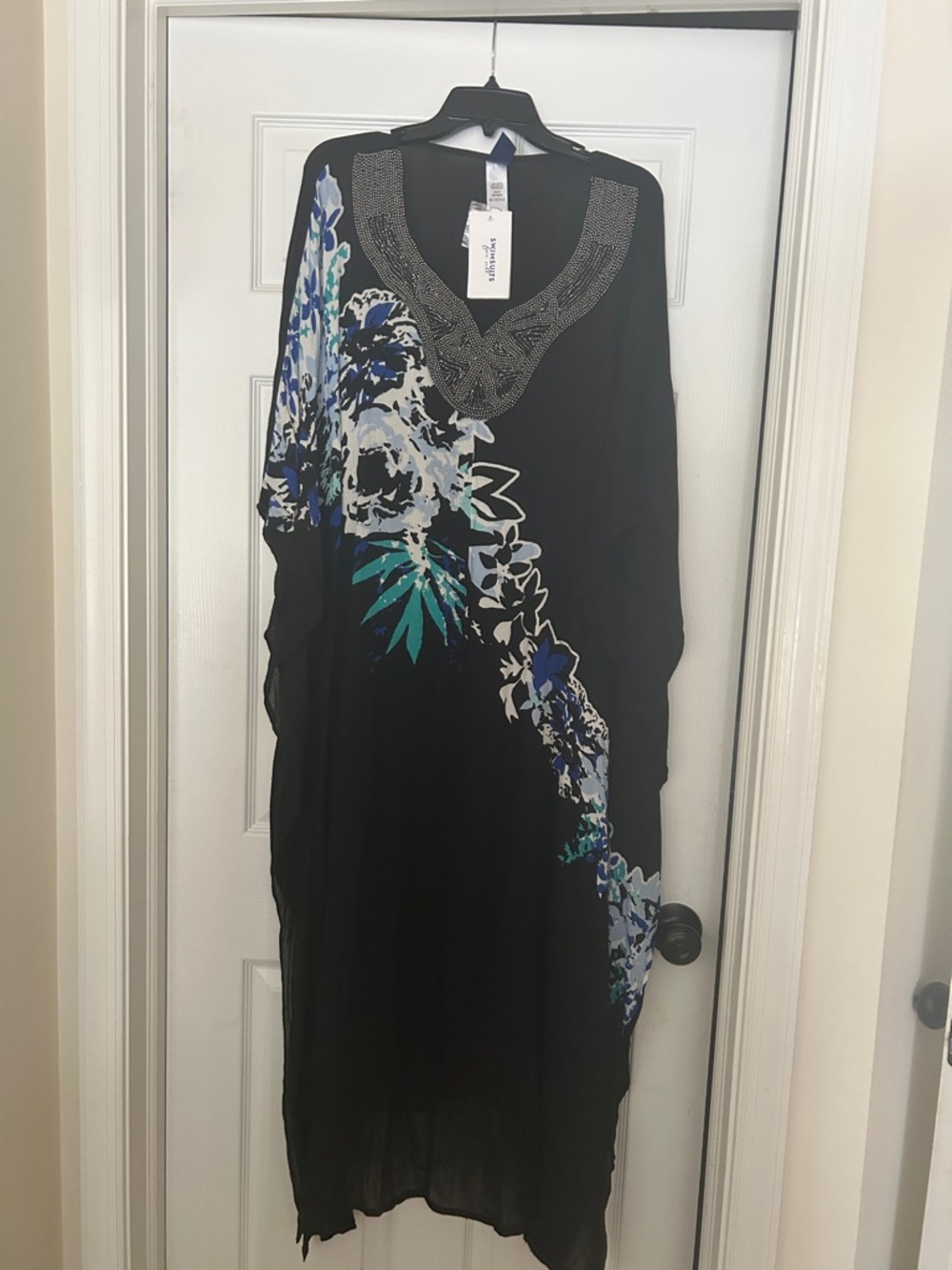 Swimsuits For All Black Maxi Caftan with Blue & Teal Floral Print